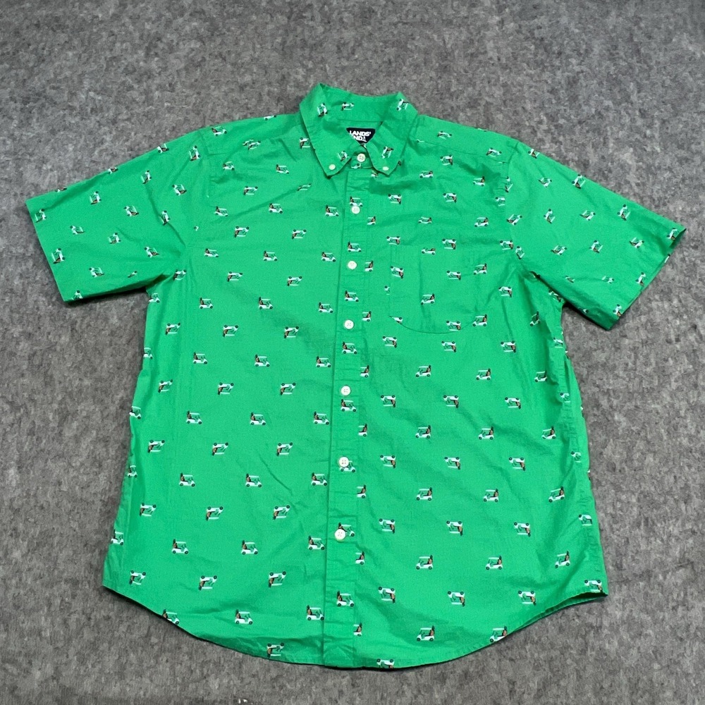 Lands End Shirt Mens M Green Golf Cart Print Short Sleeve Button Traditional Fit